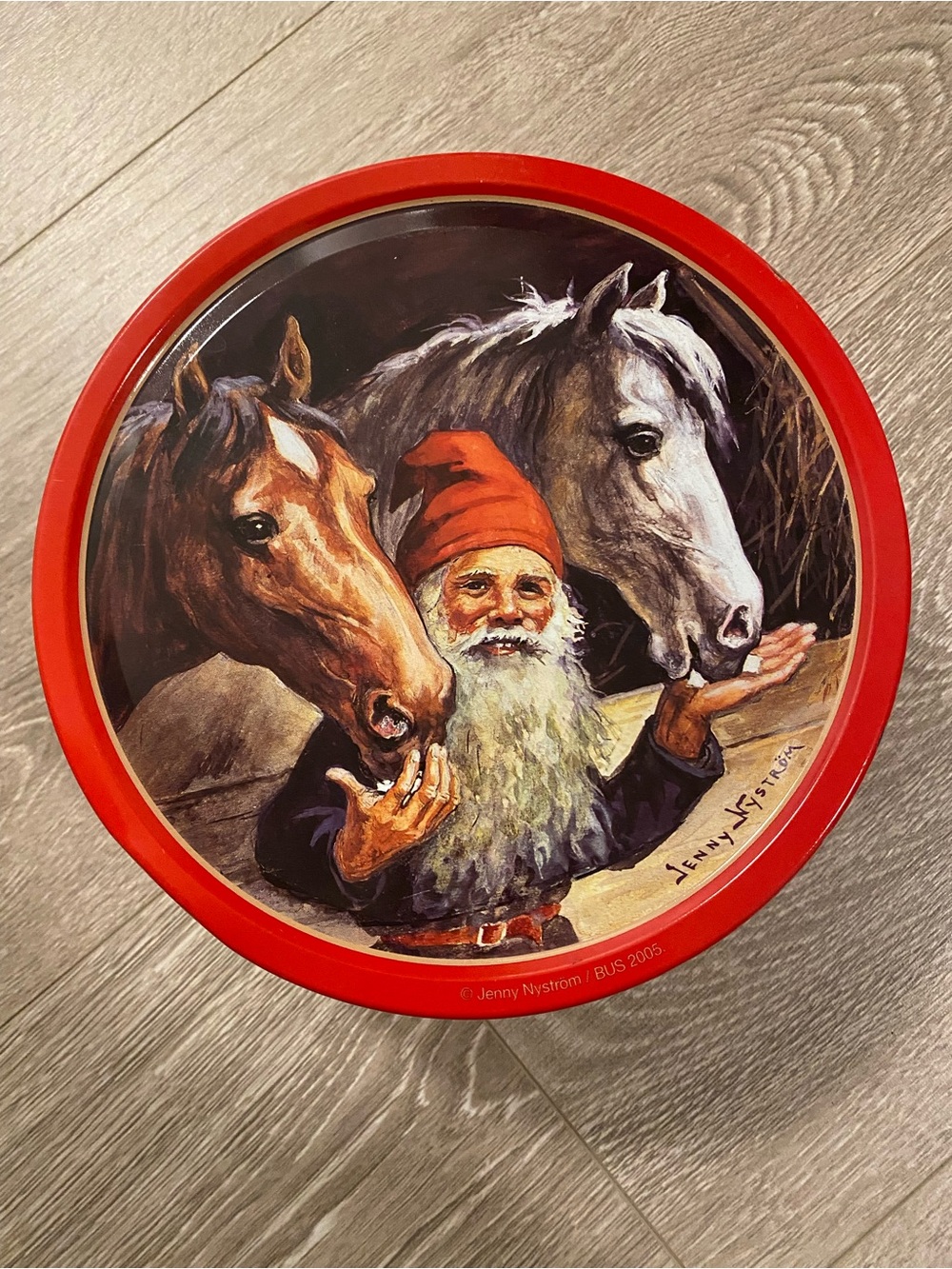 Vintage Jenny Nystrom Gnome & Horses Decorative Tin - Red Trim - cookie tin box